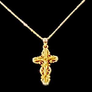 14K Yellow Gold Cross Pendant And Chain 2.6 Gms 15.5” New
